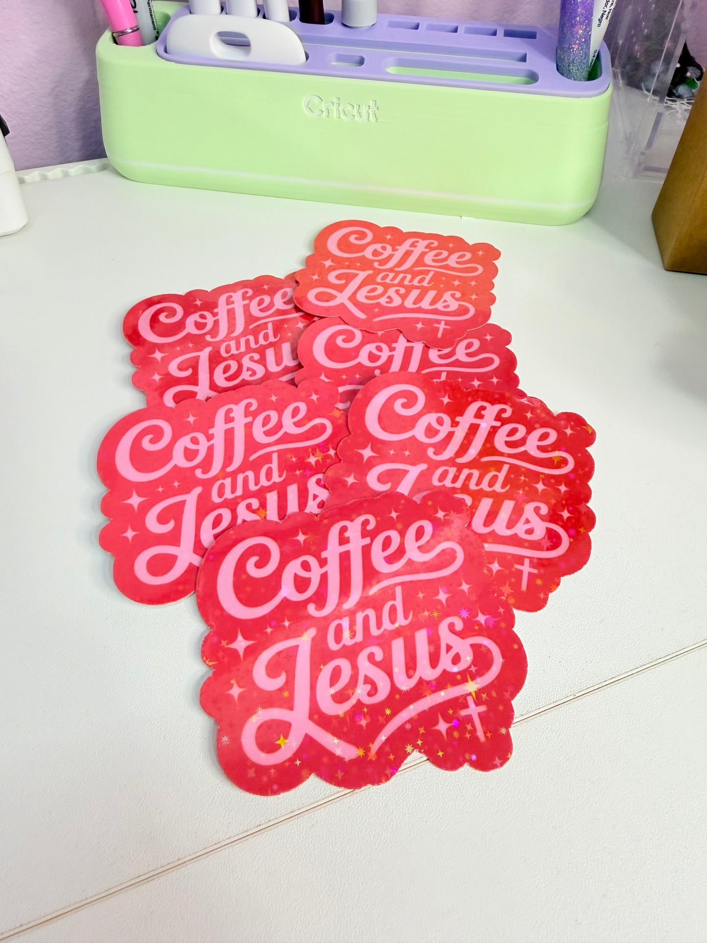 Holographic Coffee and Jesus Sticker