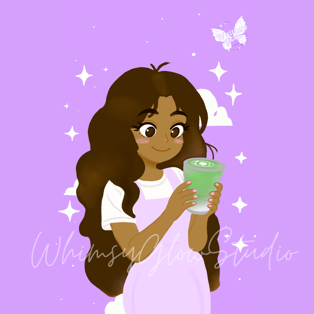 Matcha Girl Digital Art Print | Hand-Drawn Wall Art | Cozy Purple Aesthetic Illustration | Instant Download PNG & PDF