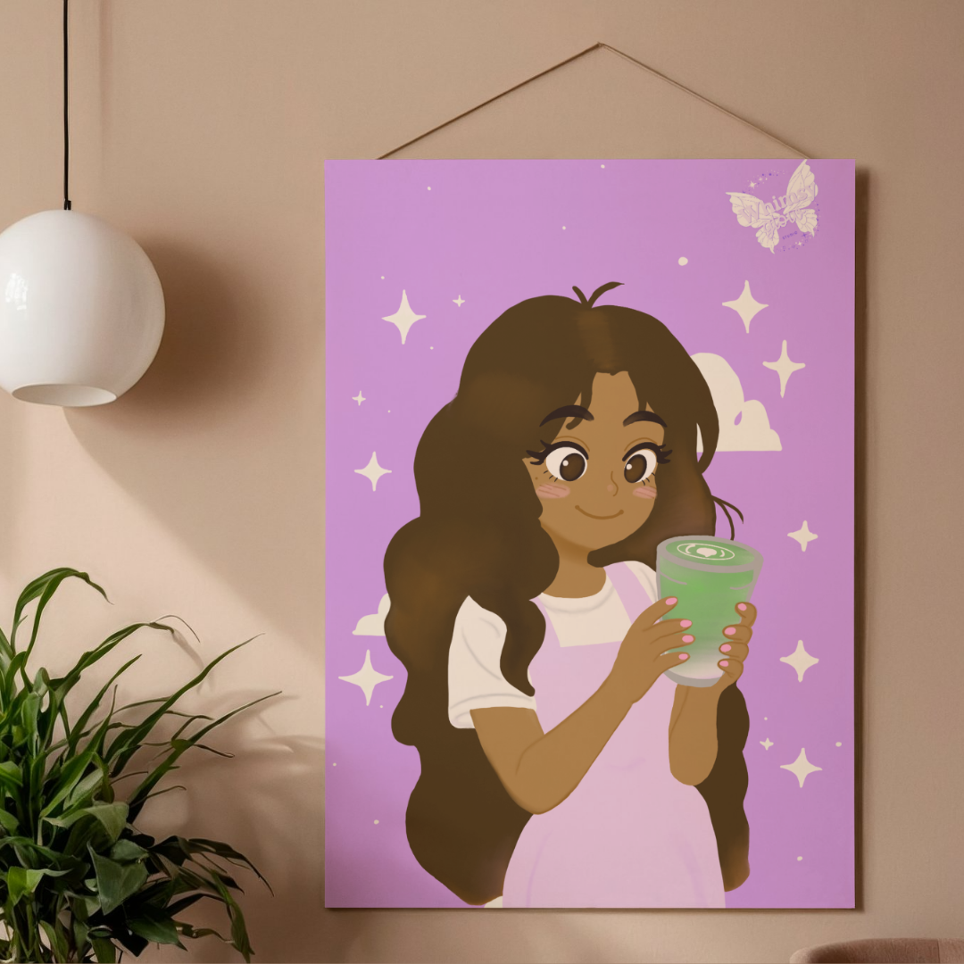 Matcha Girl Digital Art Print | Hand-Drawn Wall Art | Cozy Purple Aesthetic Illustration | Instant Download PNG & PDF