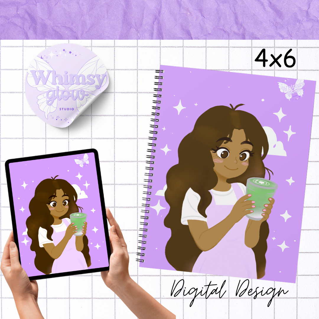 Matcha Girl Digital Art Print | Hand-Drawn Wall Art | Cozy Purple Aesthetic Illustration | Instant Download PNG & PDF
