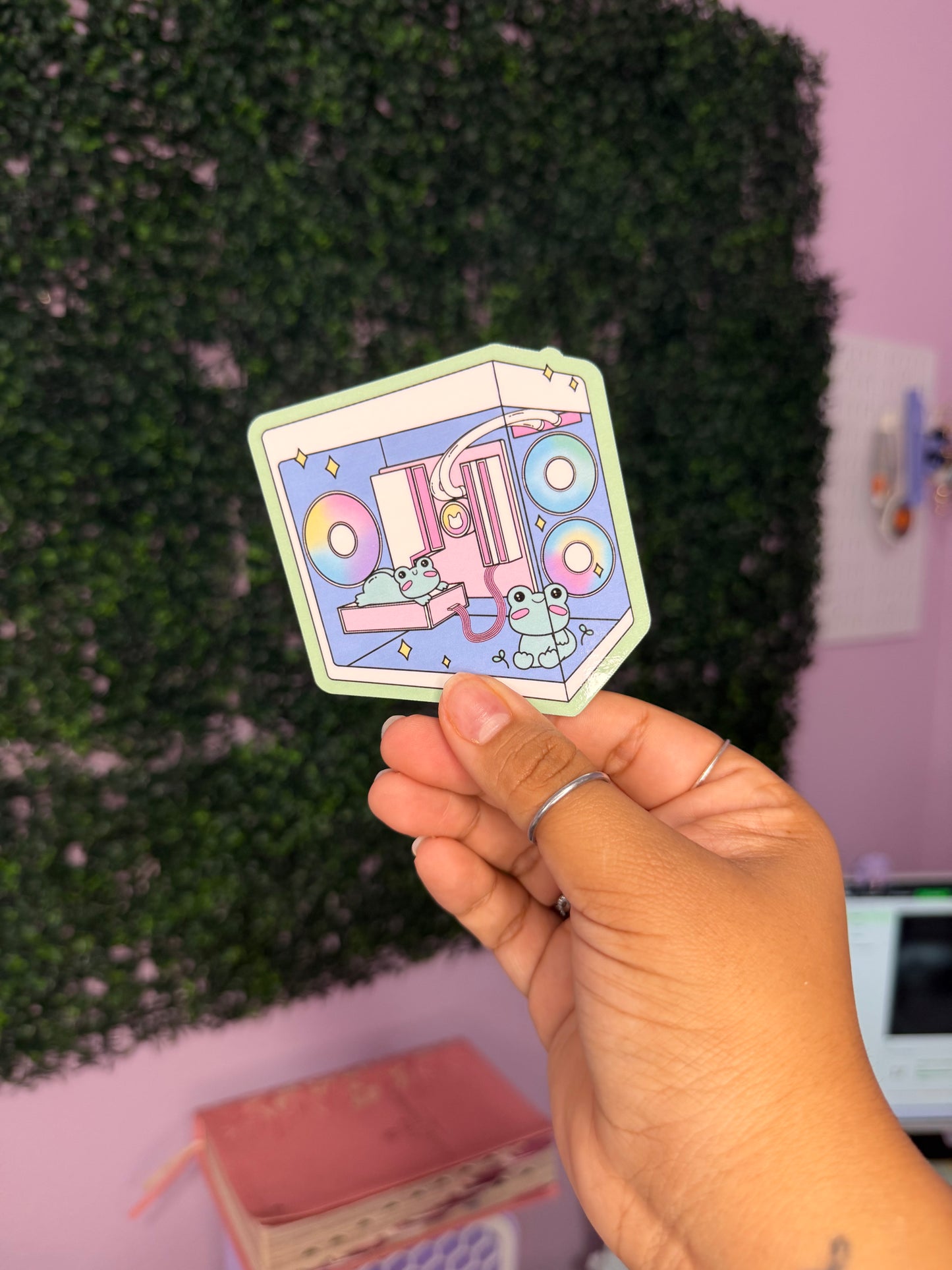Cute Frog Gaming PC Sticker | Kawaii Gamer Desk Setup Decal | Cozy Frog Computer Sticker