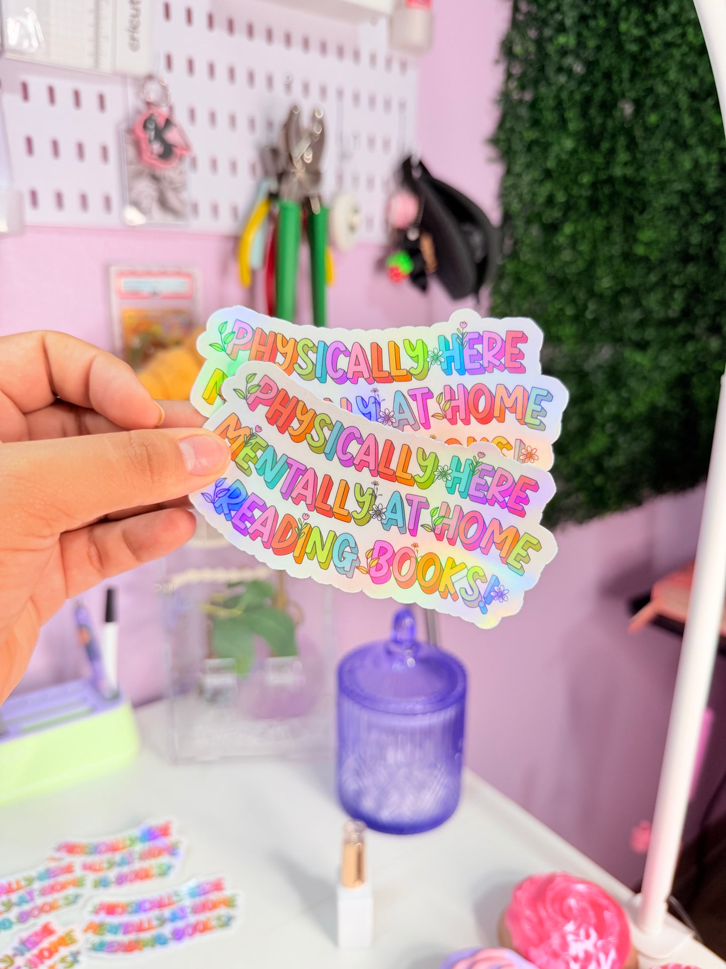 Physically Here, Mentally at Home Reading Books Holographic Sticker