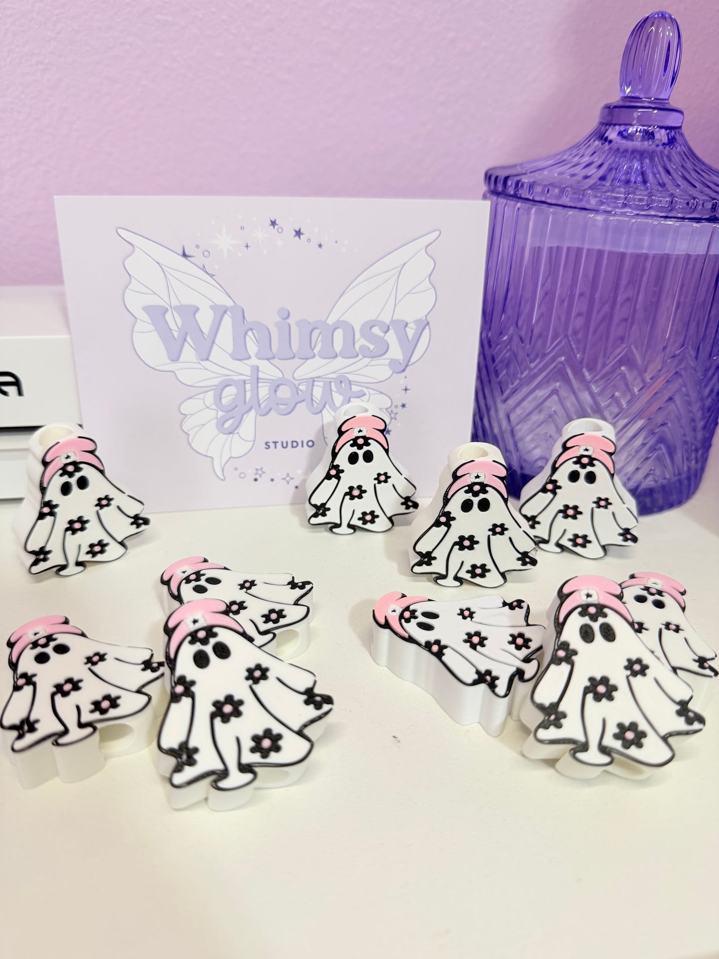 Pink Floral Ghost Straw Topper – Cute Spooky Cup Accessory
