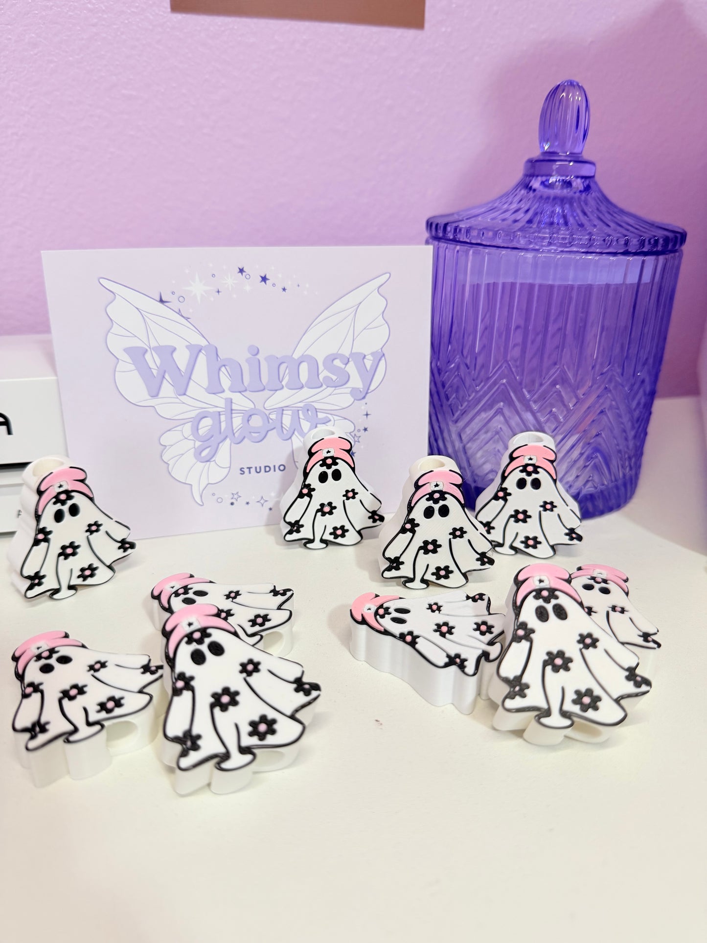 Pink Floral Ghost Straw Topper – Cute Spooky Cup Accessory